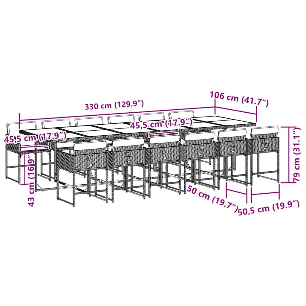 13 pcs conjunto jantar p/ jardim c/ almofadões vime PE cinzento