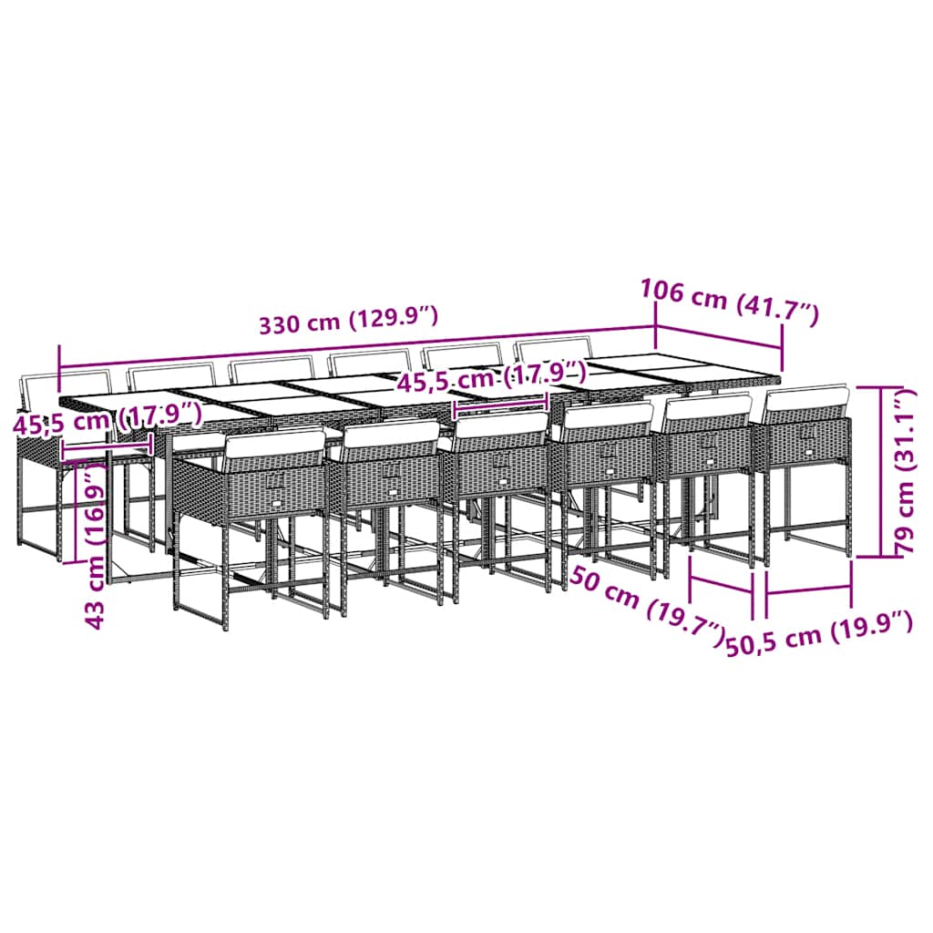 13 pcs conjunto jantar p/ jardim c/ almofadões vime PE cinzento