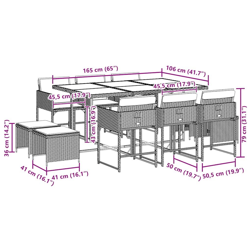 11 pcs conjunto jantar p/ jardim c/ almofadões vime PE cinzento