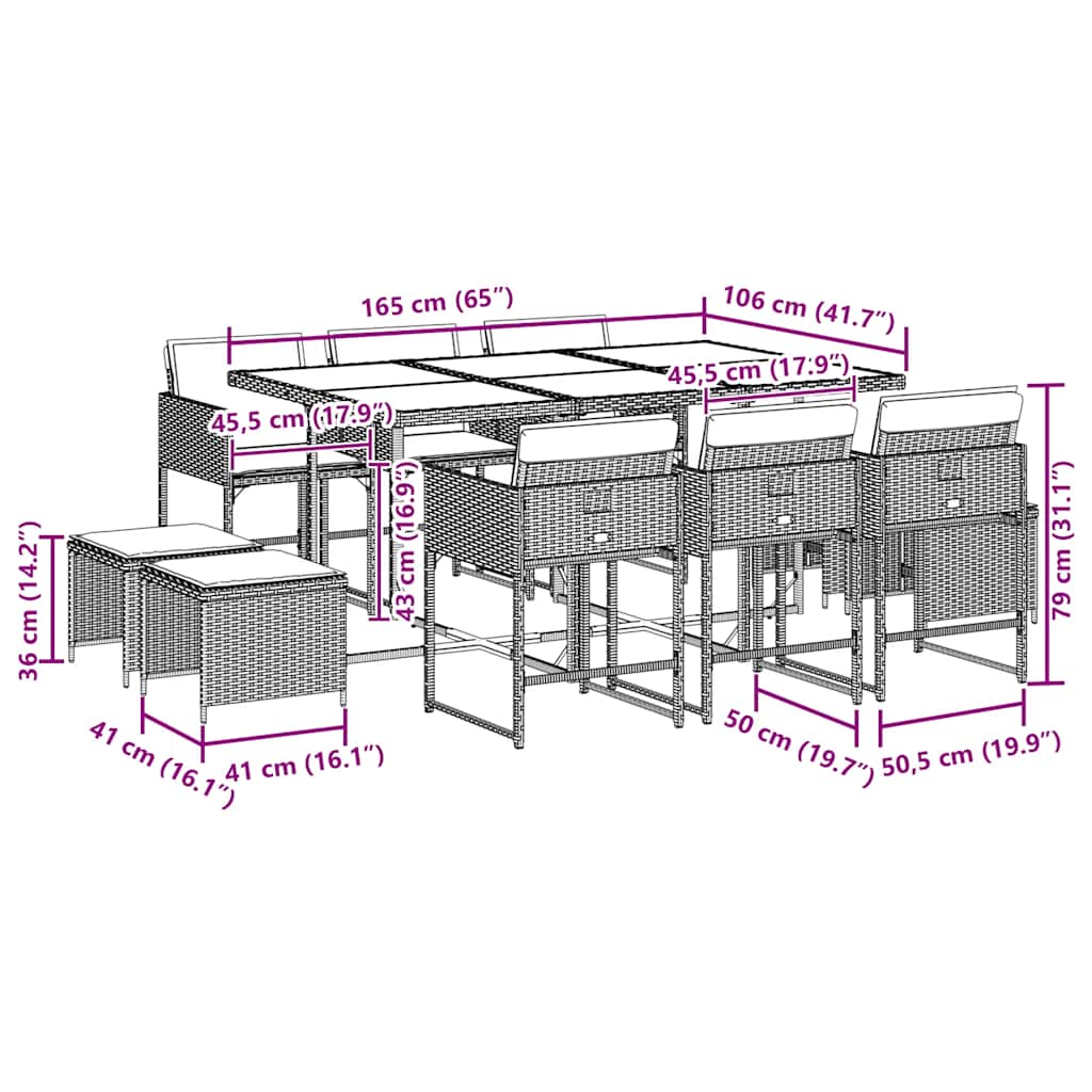 11 pcs conjunto de jantar p/ jardim c/ almofadões vime PE preto