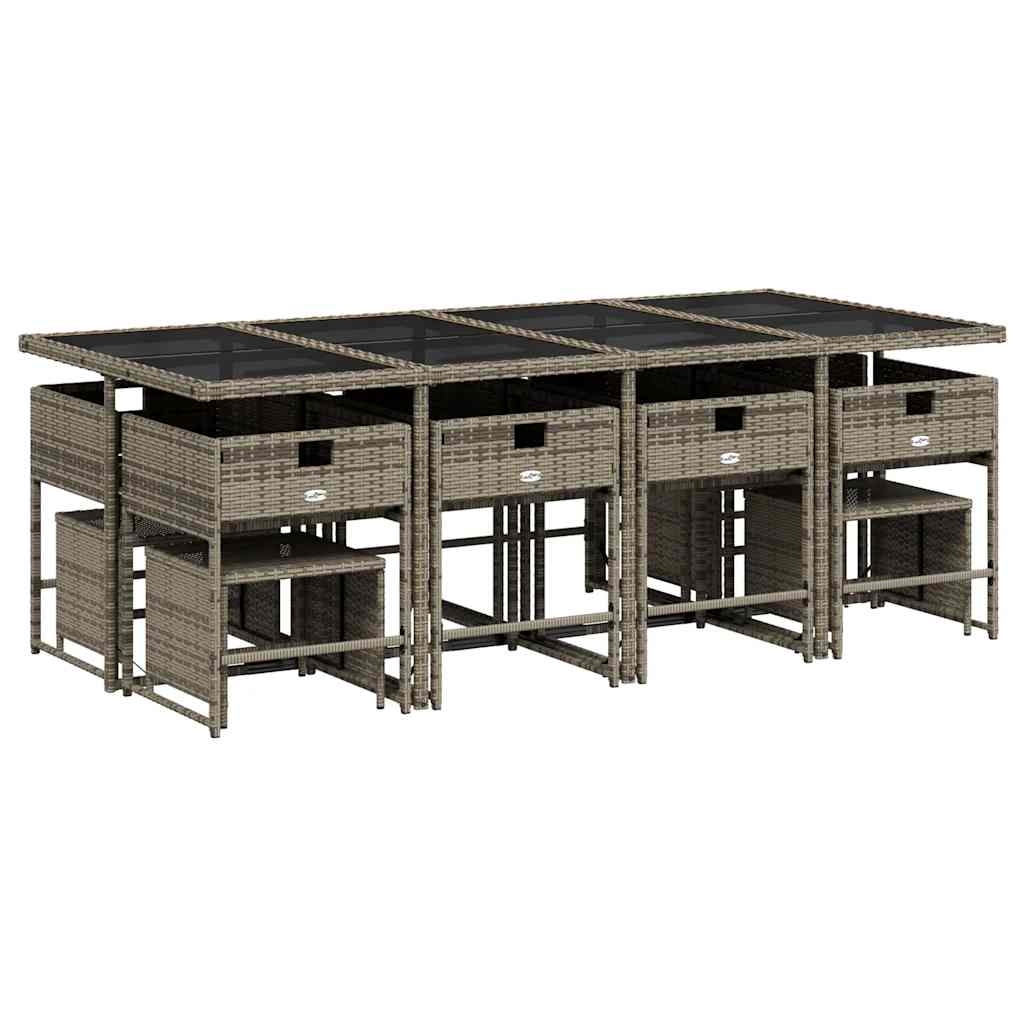 13 pcs conjunto jantar p/ jardim c/ almofadões vime PE cinzento