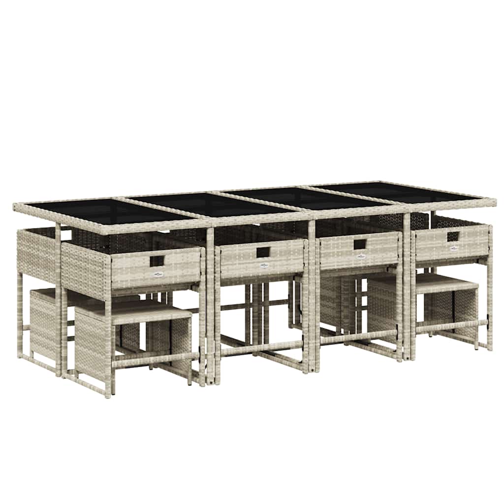 13 pcs conj. jantar jardim c/ almofadões vime PE cinzento-claro