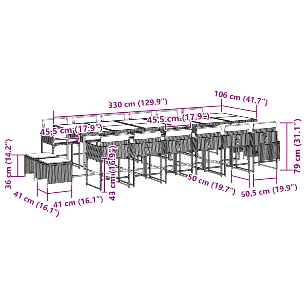 17 pcs conj. de jantar p/ jardim c/ almofadões vime PE cinzento