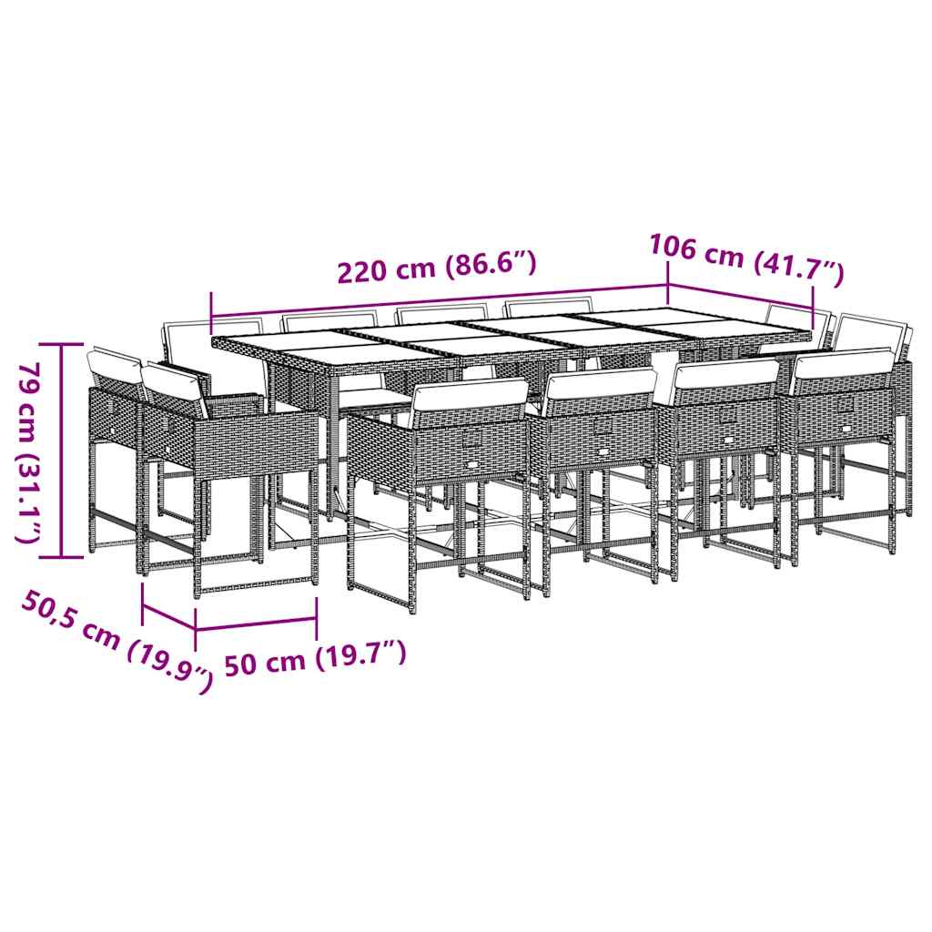 13 pcs conj. jantar jardim c/ almofadões vime PE cinzento-claro