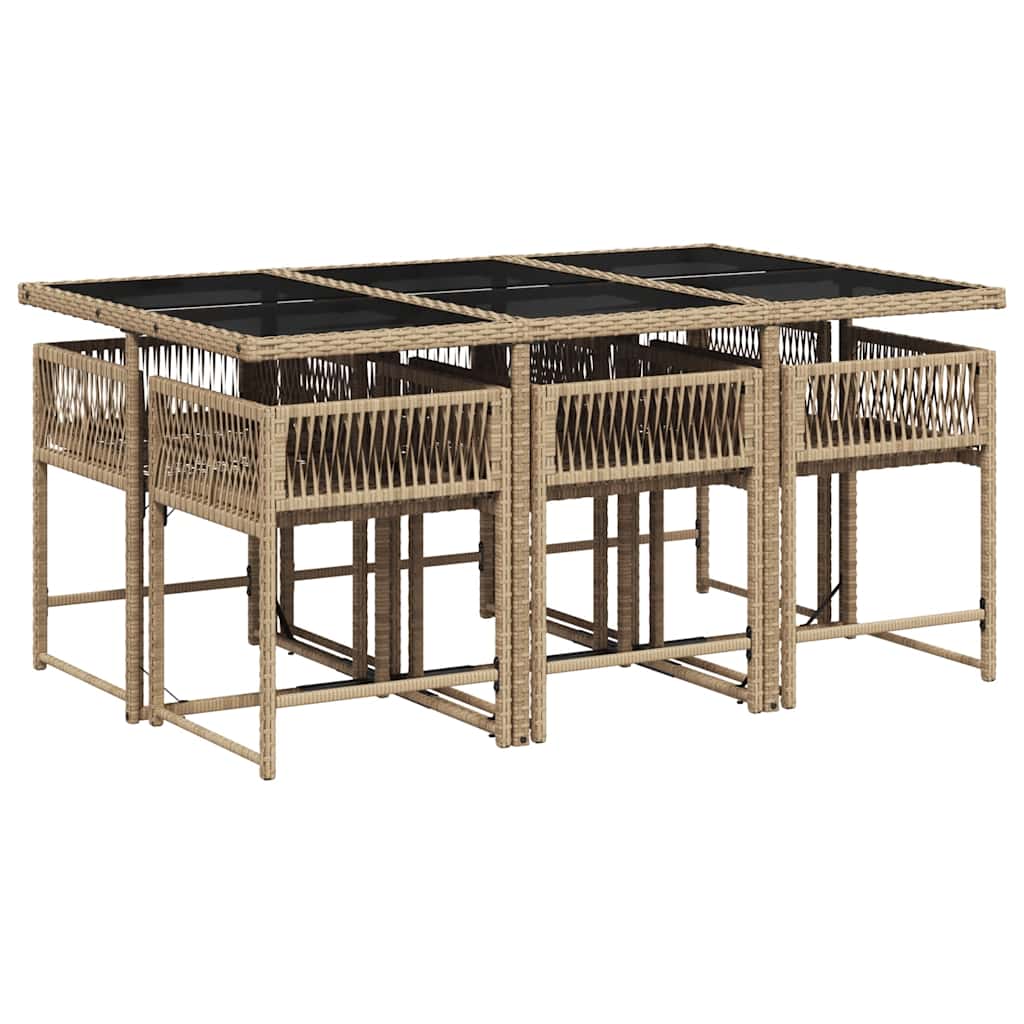 7 pcs conjunto de jantar p/ jardim com almofadões vime PE bege