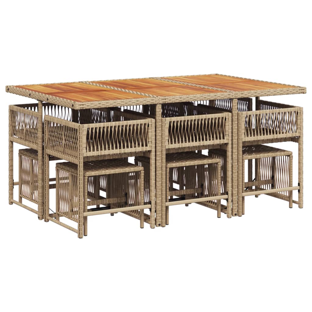 11 pcs conjunto de jantar p/ jardim com almofadões vime PE bege