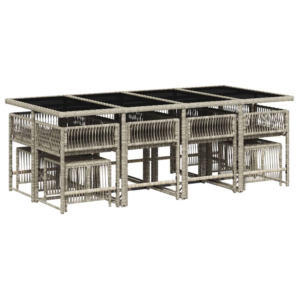 13 pcs conj. jantar jardim c/ almofadões vime PE cinzento-claro