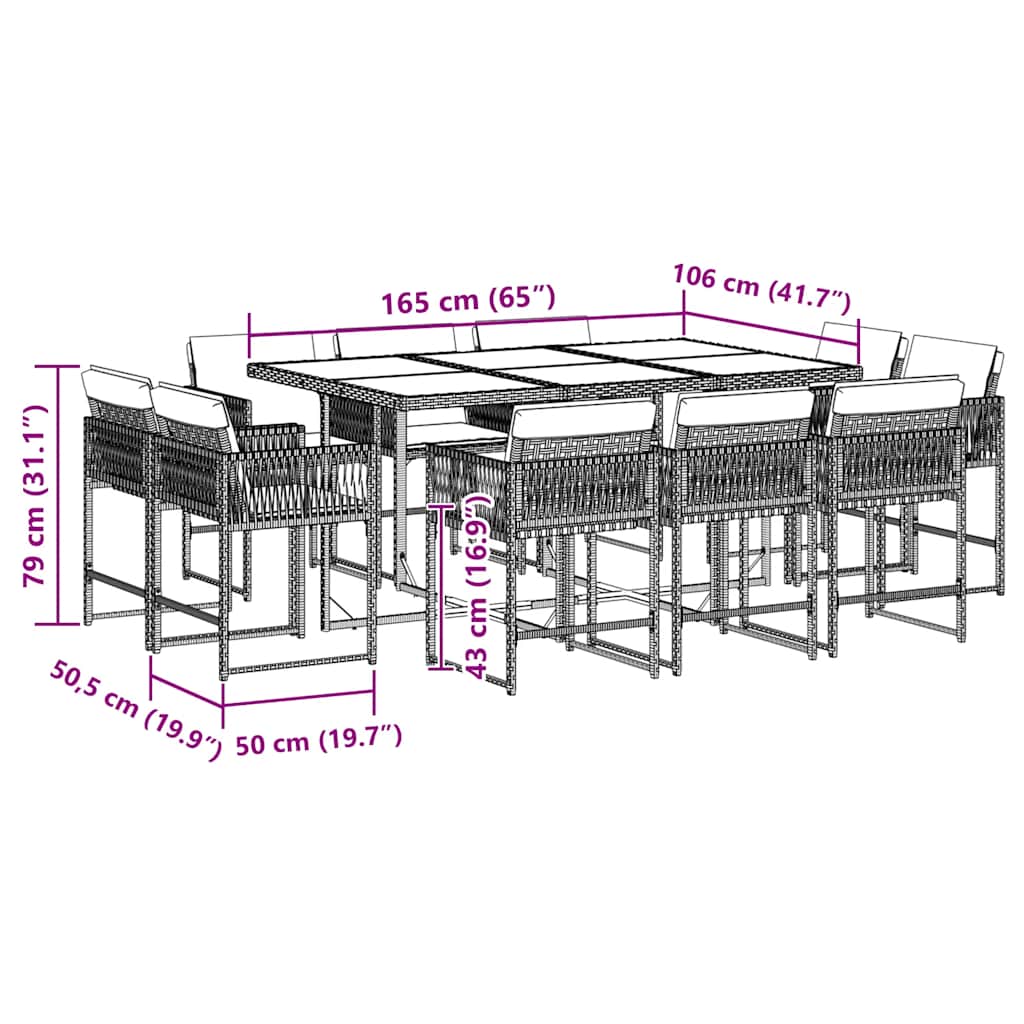 11 pcs conjunto de jantar p/ jardim c/ almofadões vime PE preto
