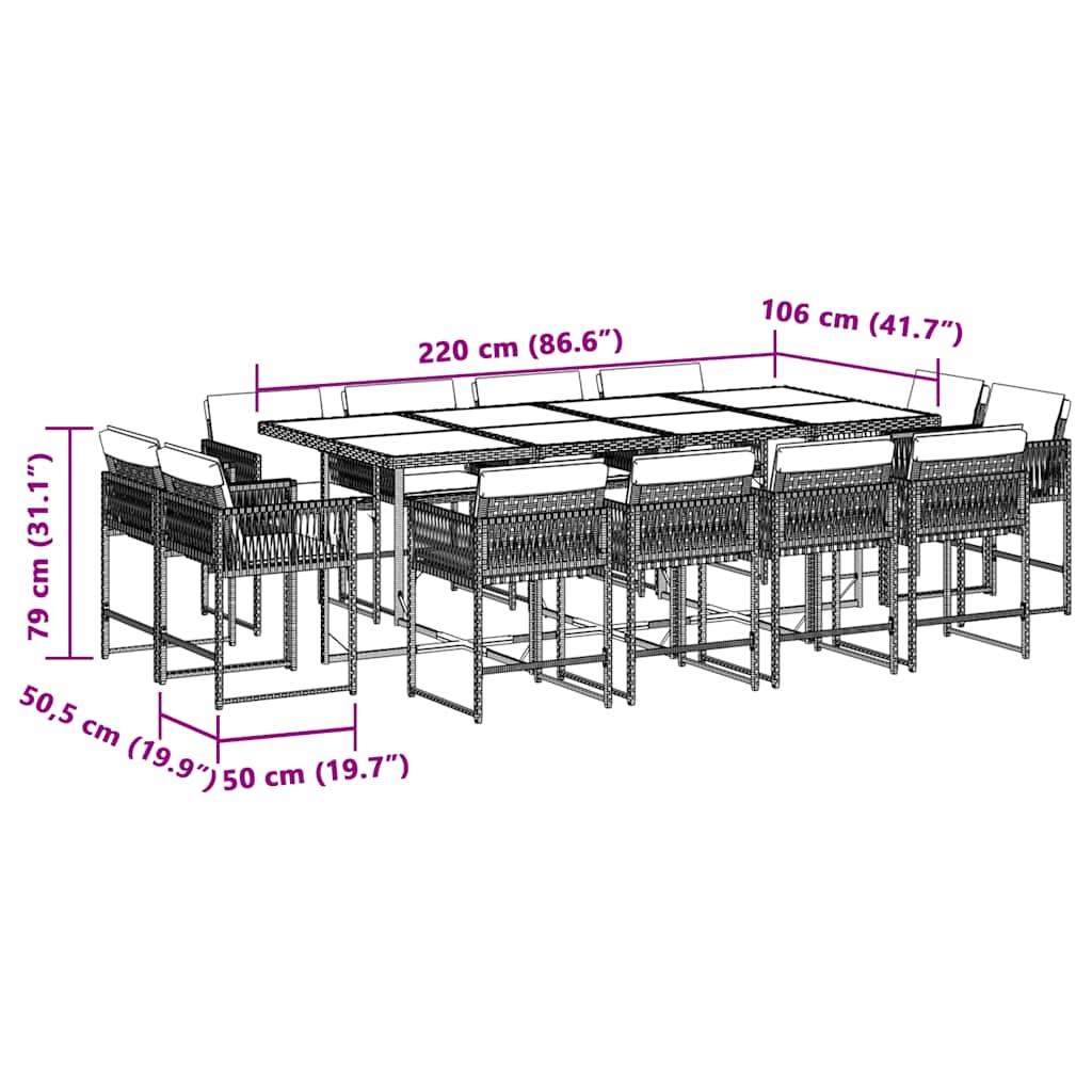 13 pcs conj. jantar jardim c/ almofadões vime PE bege misturado