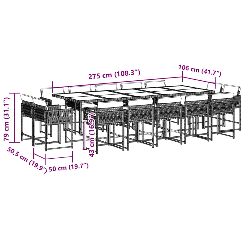 15 pcs conjunto de jantar p/jardim com almofadões vime PE preto