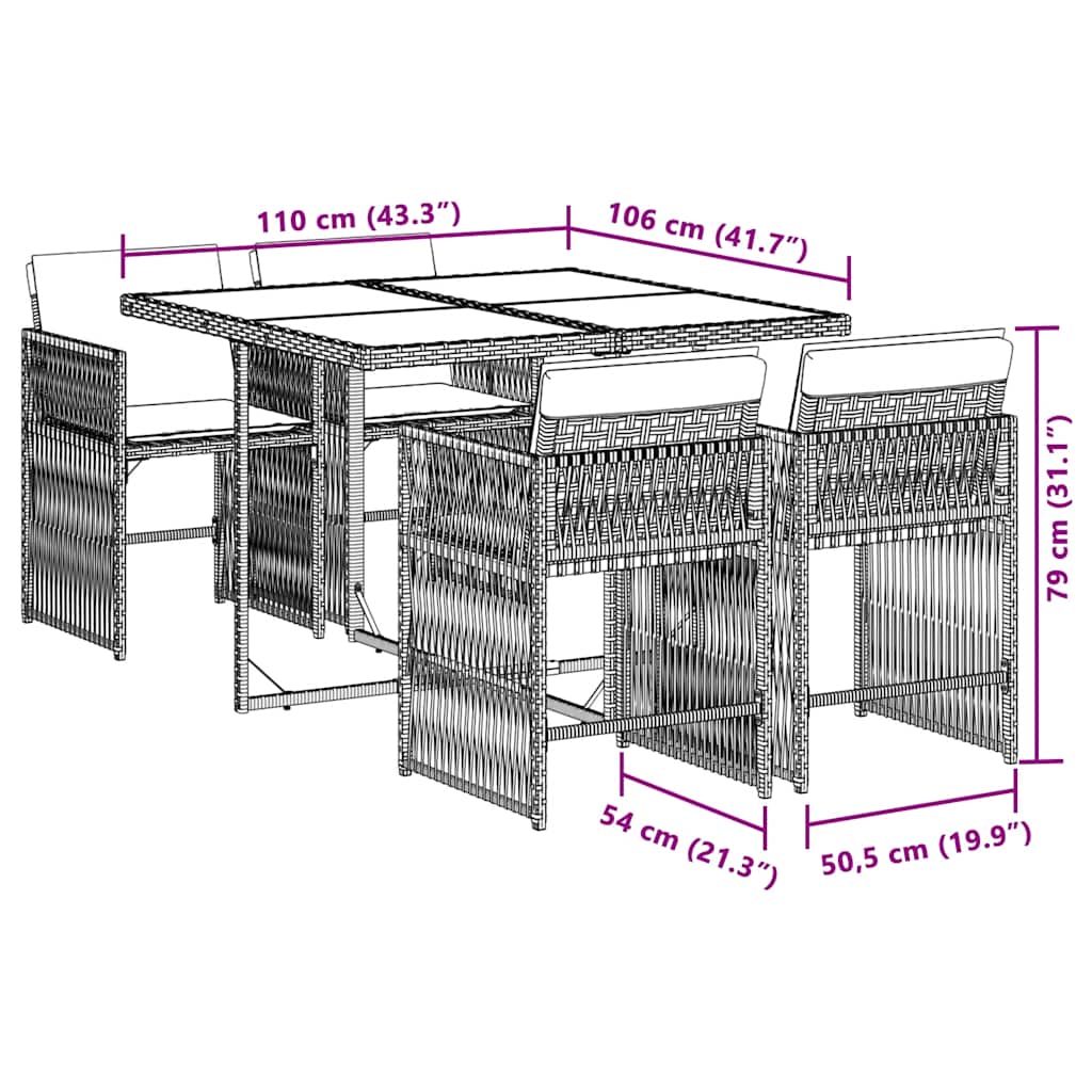 5pcs conj. jantar jardim c/ almofadões vime PE bege misturado