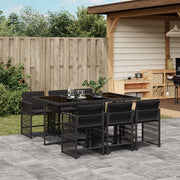 7 pcs conjunto de jantar p/ jardim c/ almofadões vime PE preto
