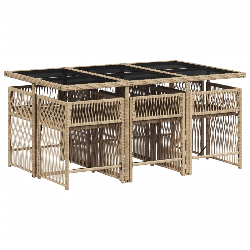 7 pcs conjunto de jantar p/ jardim com almofadões vime PE bege