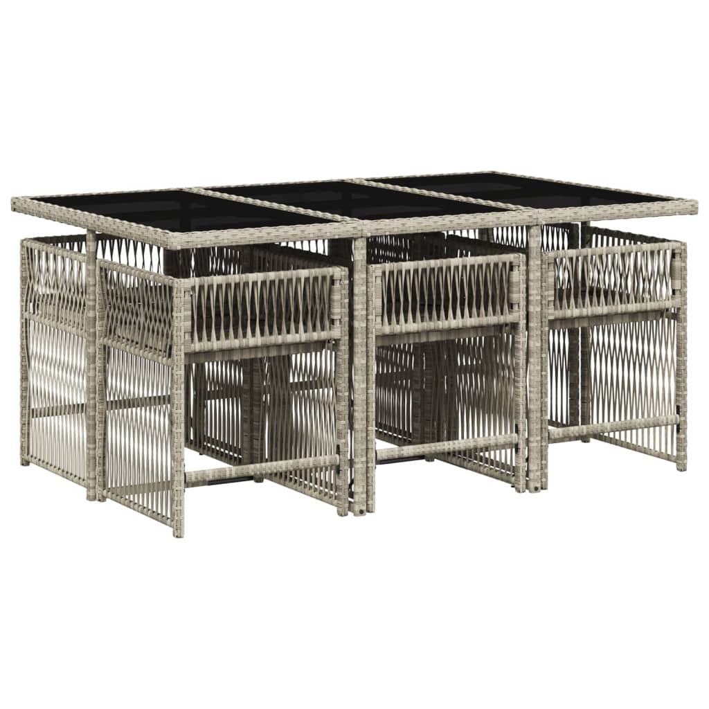 7 pcs conj. jantar p/ jardim c/ almofadões vime PE cinza-claro