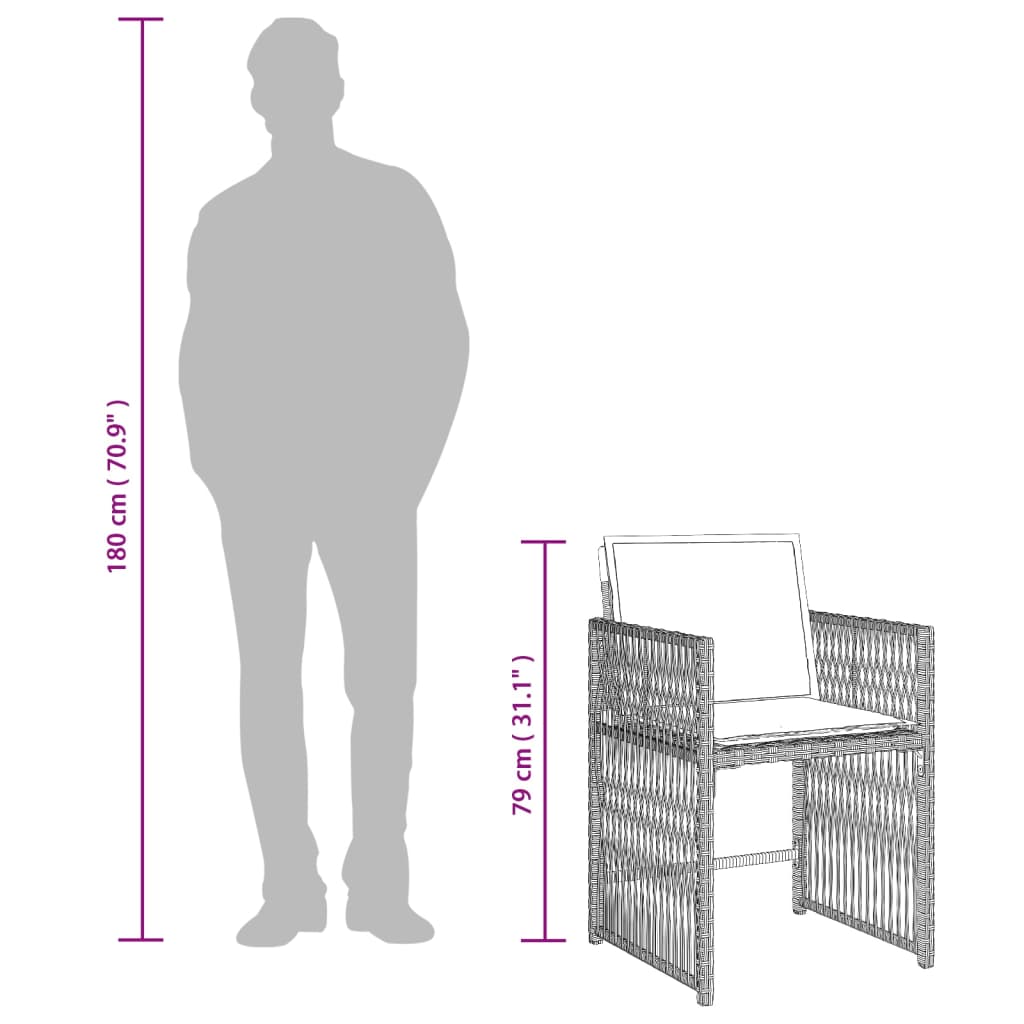 7 pcs conj. jantar p/ jardim c/ almofadões vime PE cinza-claro