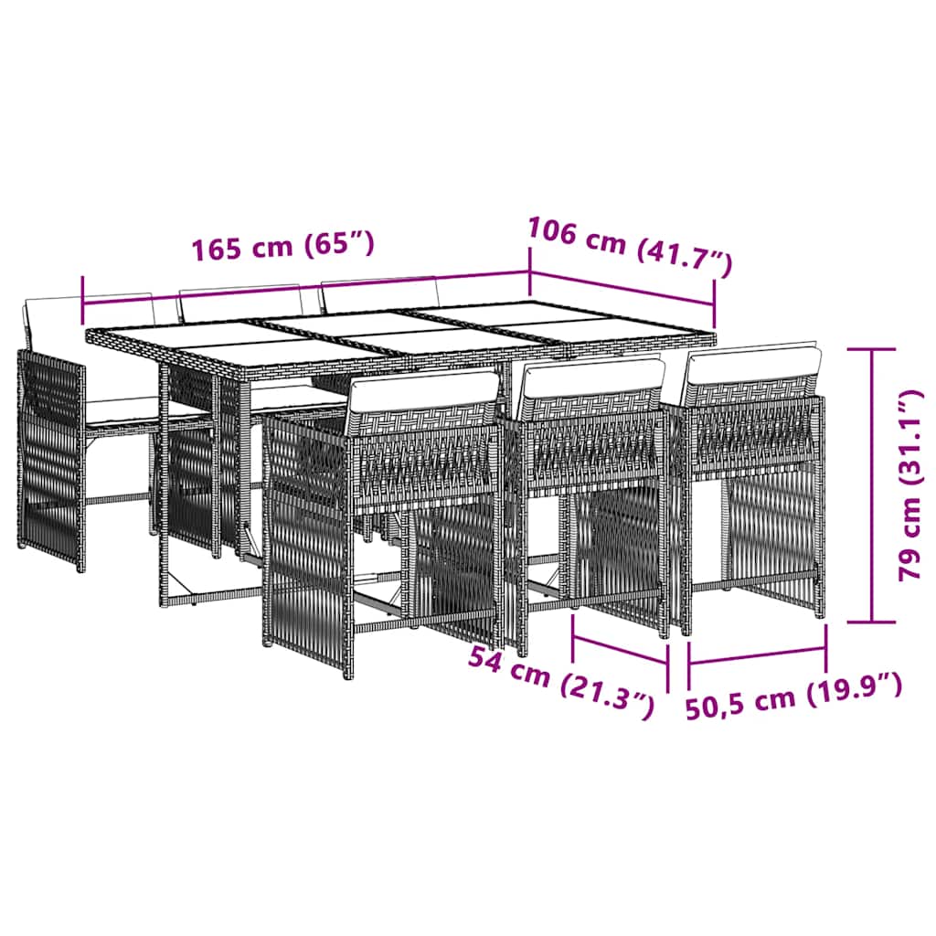 7 pcs conj. jantar jardim c/ almofadões vime PE bege misturado