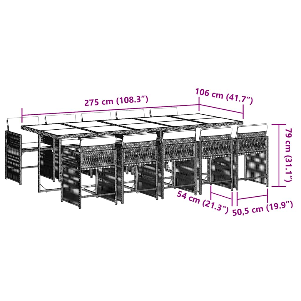 11 pcs conjunto jantar p/ jardim c/ almofadões vime PE cinzento