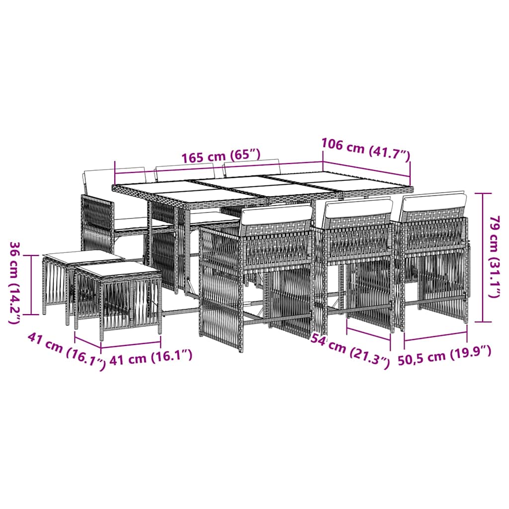 11 pcs conjunto jantar p/ jardim c/ almofadões vime PE cinzento