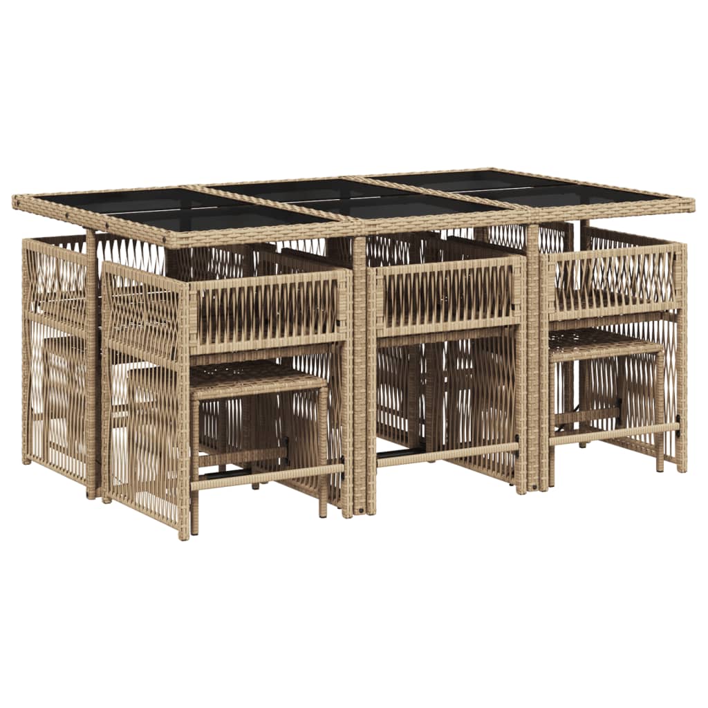 11 pcs conjunto de jantar p/ jardim com almofadões vime PE bege