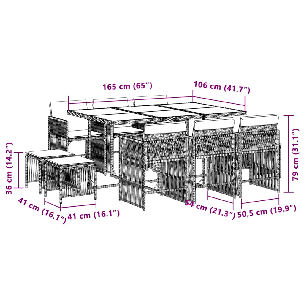 11 pcs conj. jantar jardim c/ almofadões vime PE bege misturado
