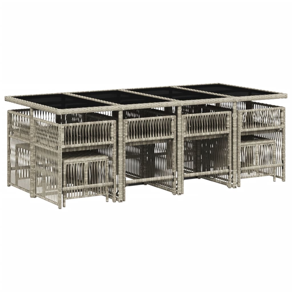 13 pcs conj. jantar jardim c/ almofadões vime PE cinzento-claro