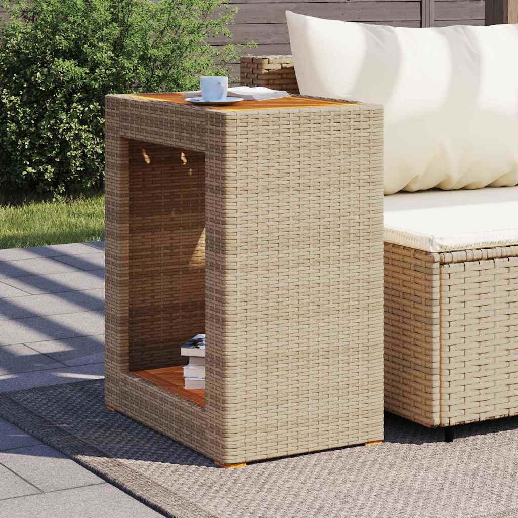 Mesa apoio jardim c/ tampo madeira 60x40x75 cm vime PE bege