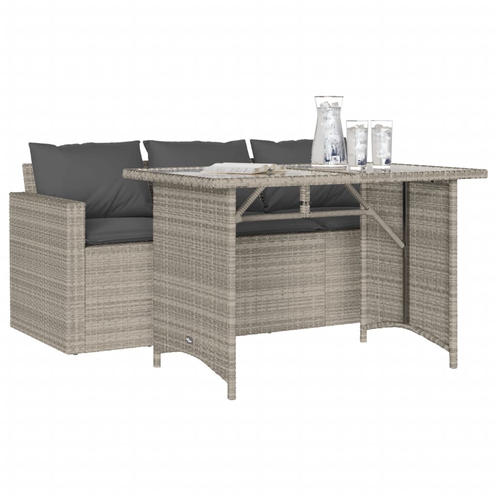 2 pcs conjunto jantar p/jardim c/almofadões vime PE cinza-claro