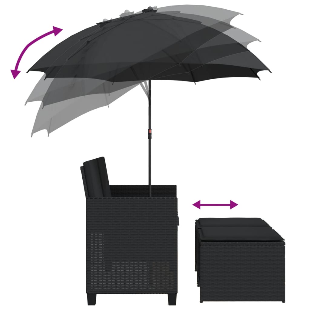 Sofá de jardim 2 lugares com guarda-sol e bancos vime PE preto