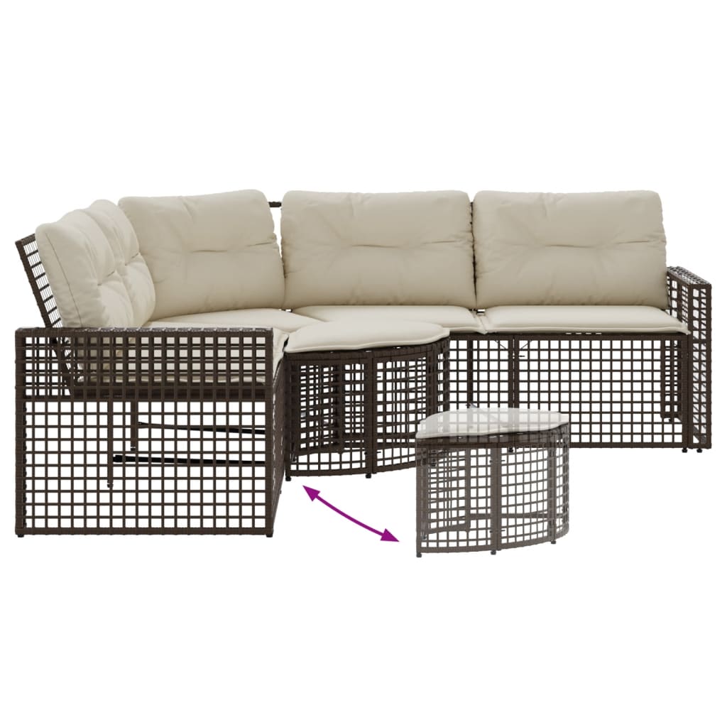 Sofá de jardim em L c/ almofadões e apoio pés vime PE castanho