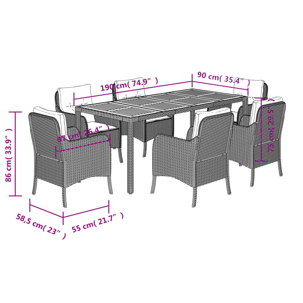 7 pcs conjunto de jantar p/ jardim c/ almofadões vime PE preto
