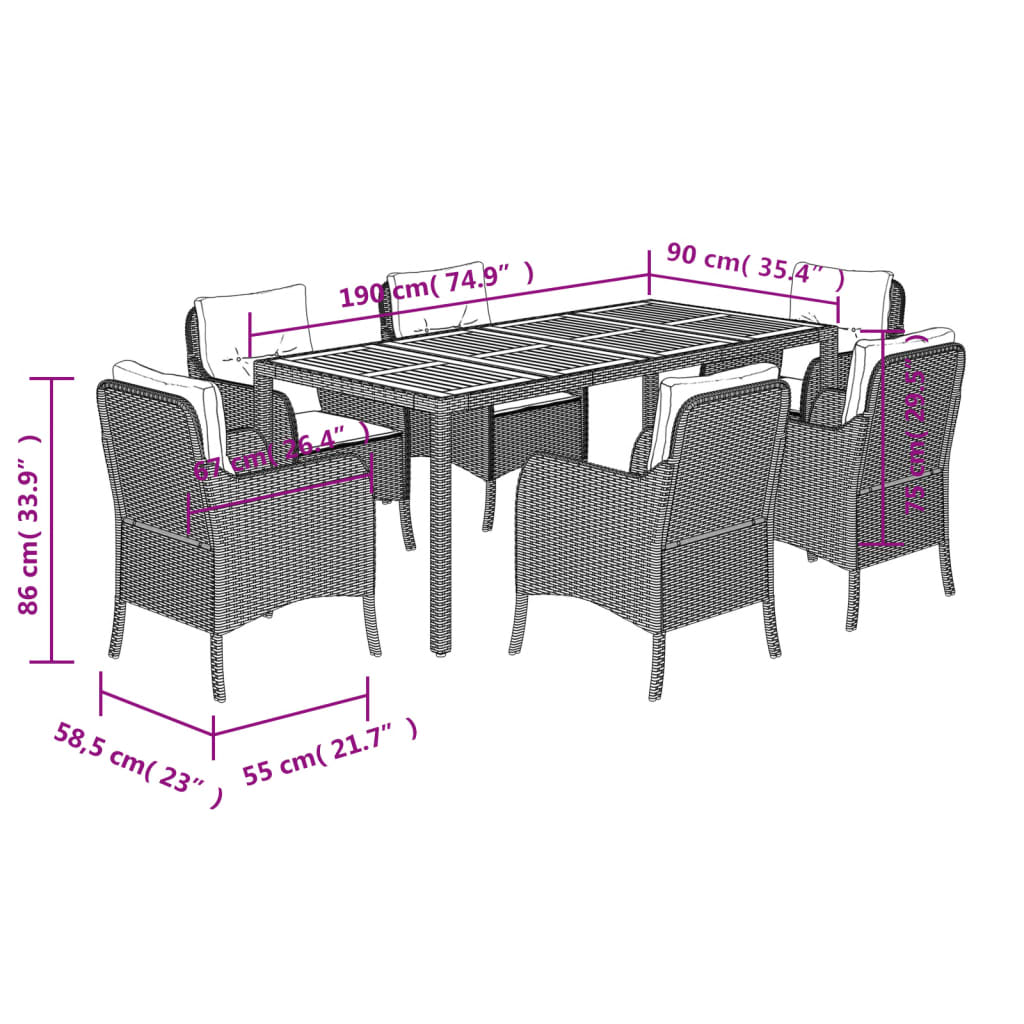 7 pcs conjunto de jantar p/ jardim c/ almofadões vime PE preto