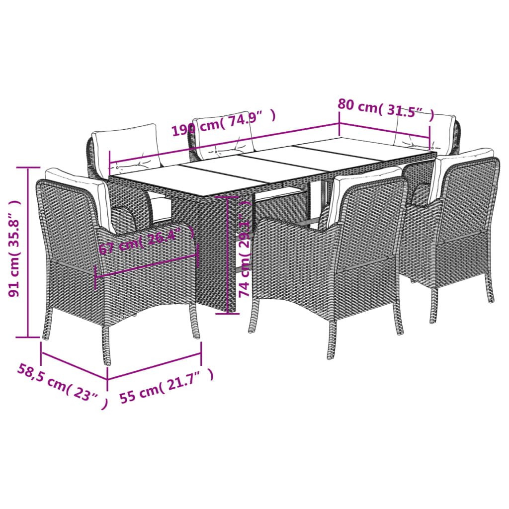7 pcs conjunto de jantar p/ jardim c/ almofadões vime PE preto