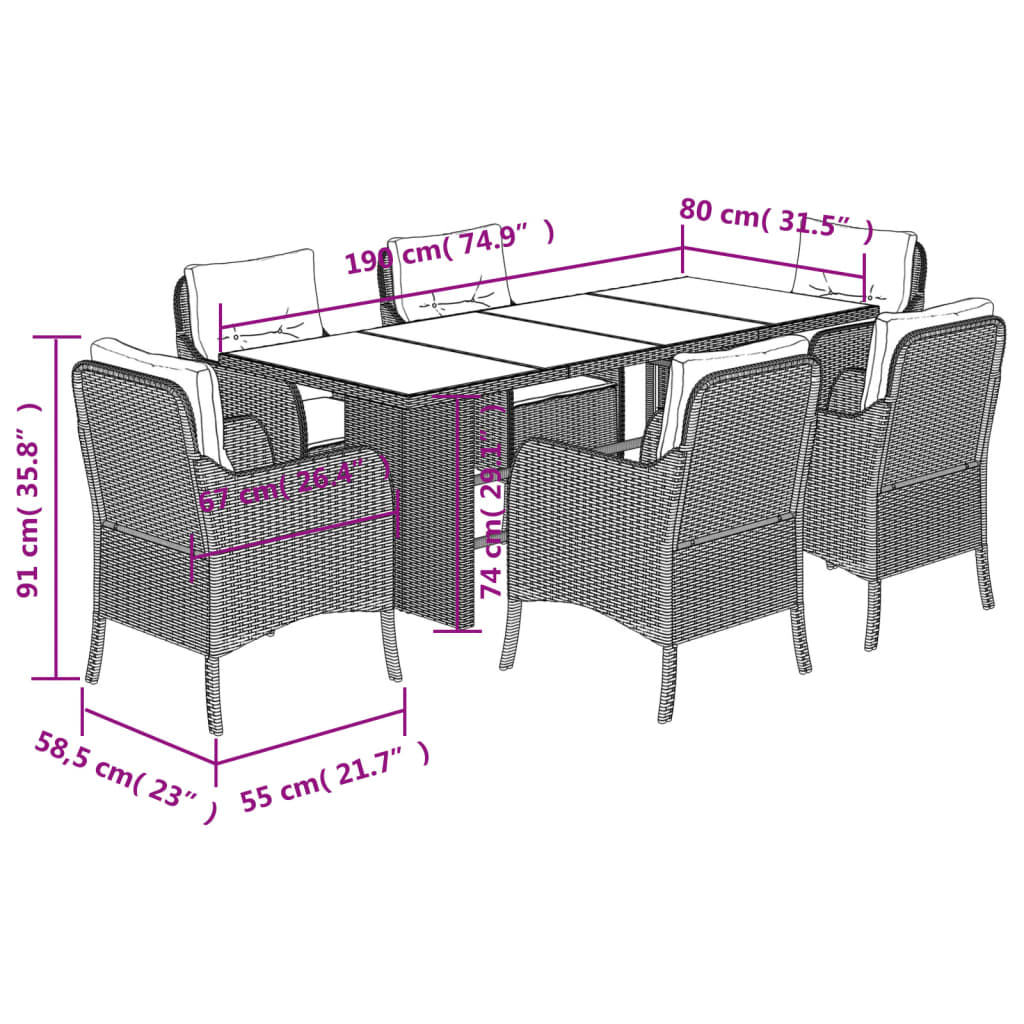 7 pcs conjunto de jantar p/ jardim c/ almofadões vime PE preto
