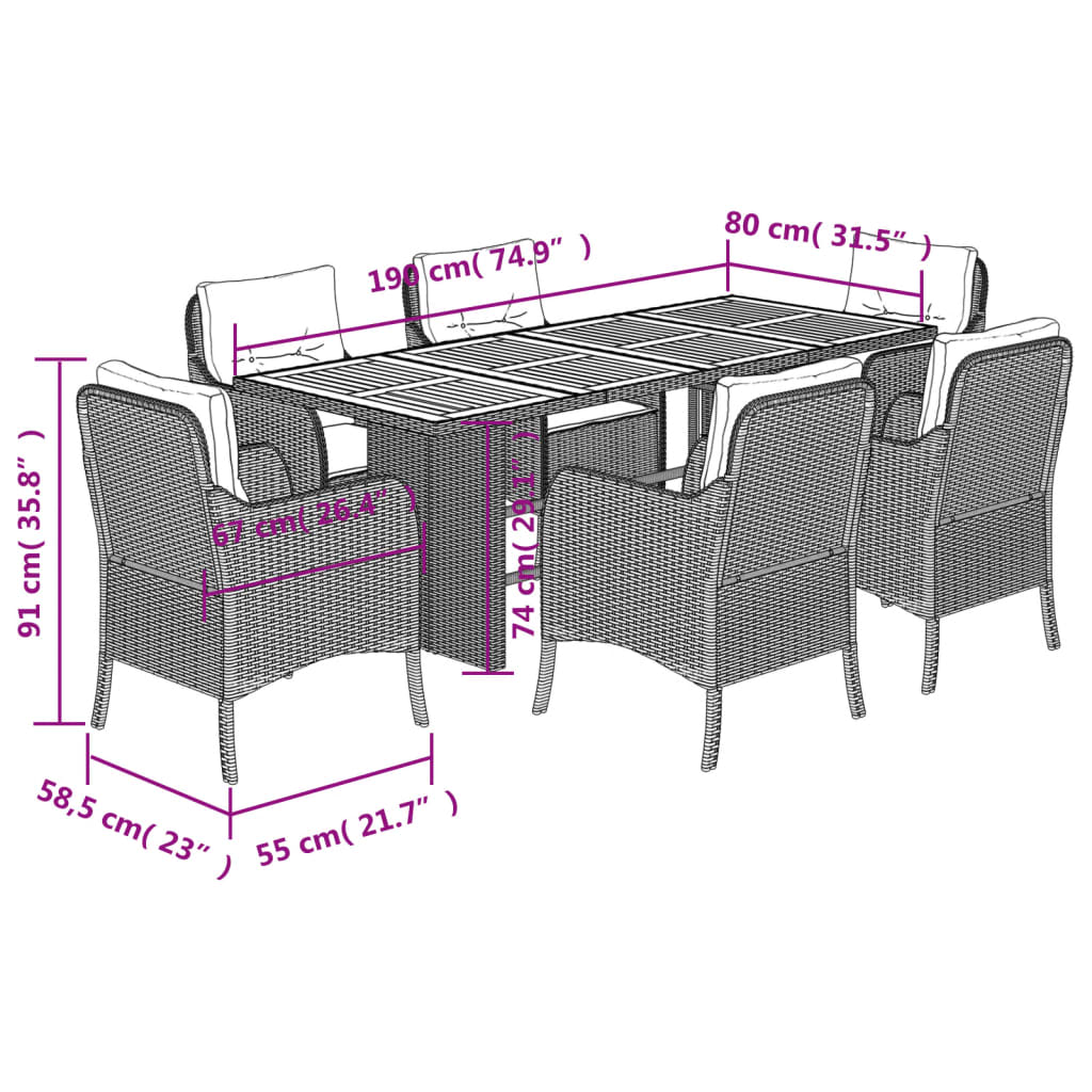 7 pcs conjunto de jantar p/ jardim c/ almofadões vime PE preto