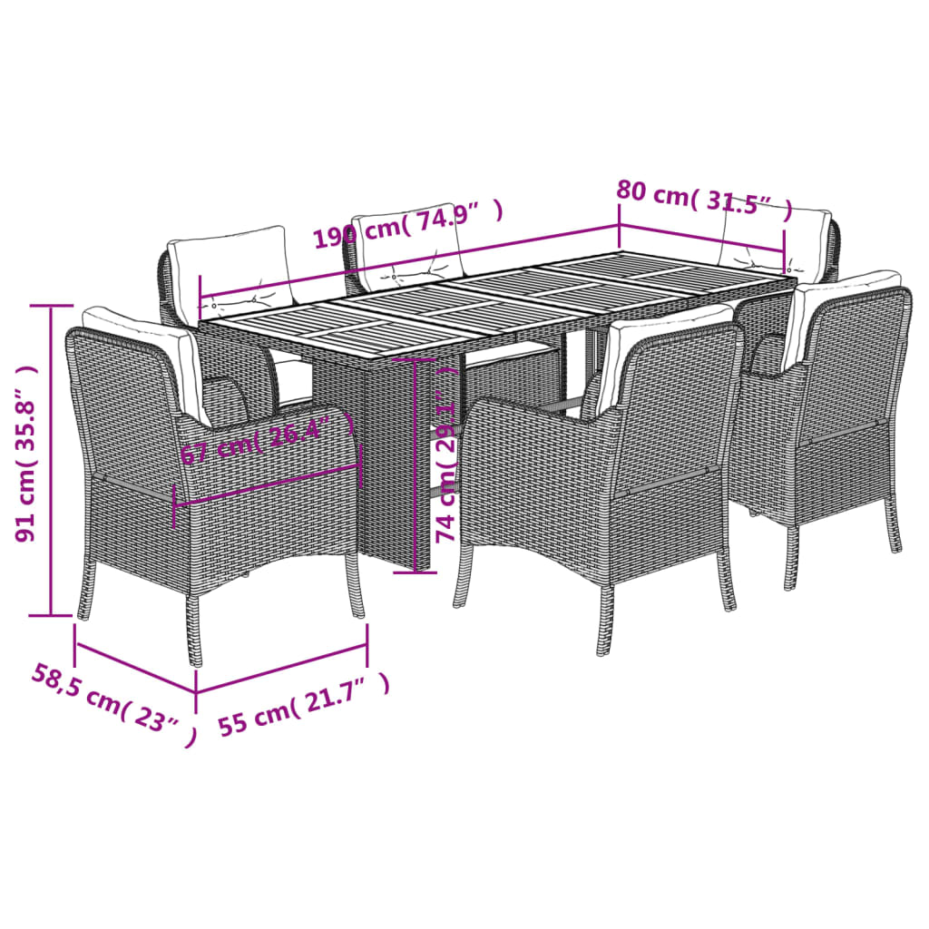 7 pcs conjunto de jantar p/ jardim c/ almofadões vime PE preto