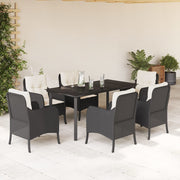 7 pcs conjunto de jantar p/ jardim c/ almofadões vime PE preto