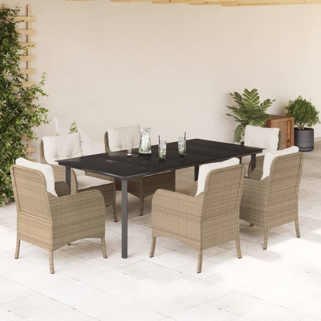 7 pcs conjunto de jantar p/ jardim com almofadões vime PE bege