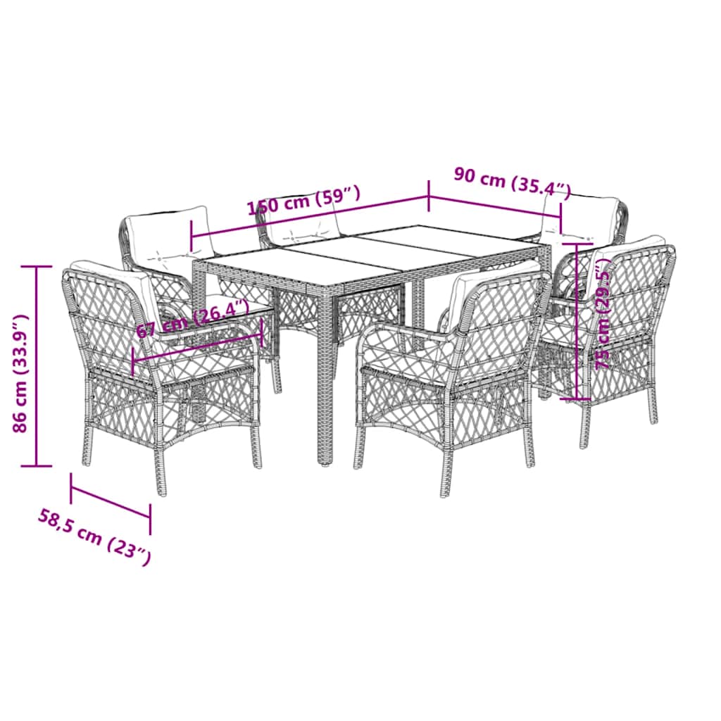 7 pcs conjunto de jantar p/ jardim c/ almofadões vime PE preto