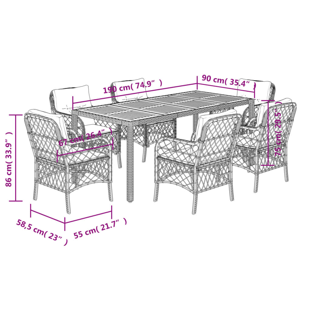 7 pcs conjunto de jantar p/ jardim c/ almofadões vime PE preto