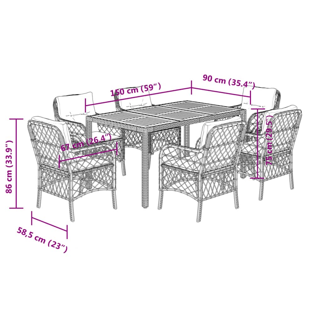 7 pcs conjunto de jantar p/ jardim c/ almofadões vime PE preto