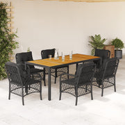 7 pcs conjunto de jantar p/ jardim c/ almofadões vime PE preto
