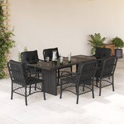 7 pcs conjunto de jantar p/ jardim c/ almofadões vime PE preto