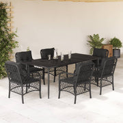 7 pcs conjunto de jantar p/ jardim c/ almofadões vime PE preto