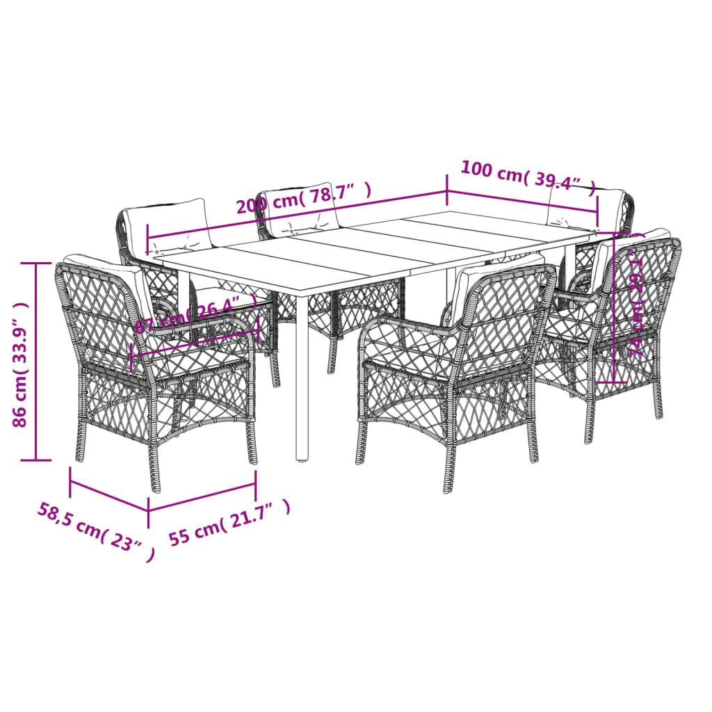 7 pcs conjunto de jantar p/ jardim c/ almofadões vime PE preto