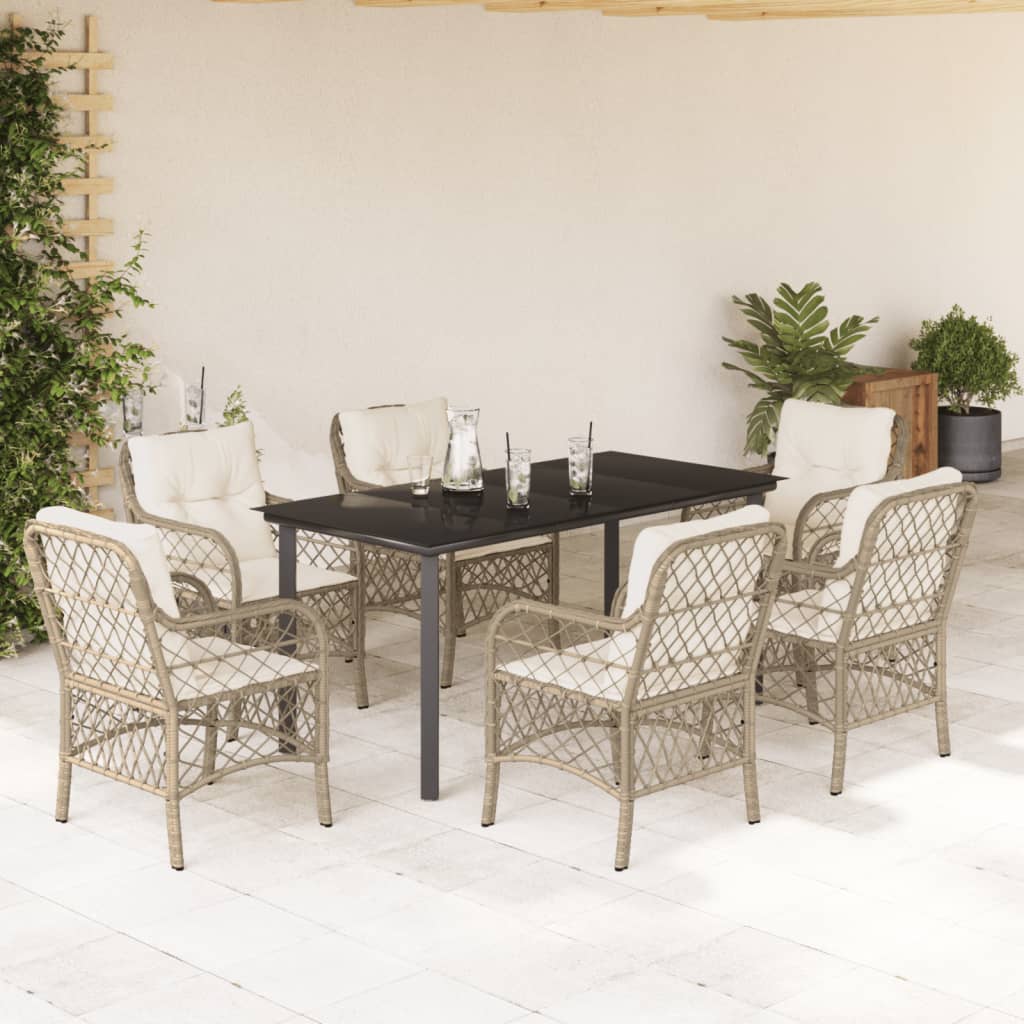 7 pcs conjunto de jantar p/ jardim com almofadões vime PE bege