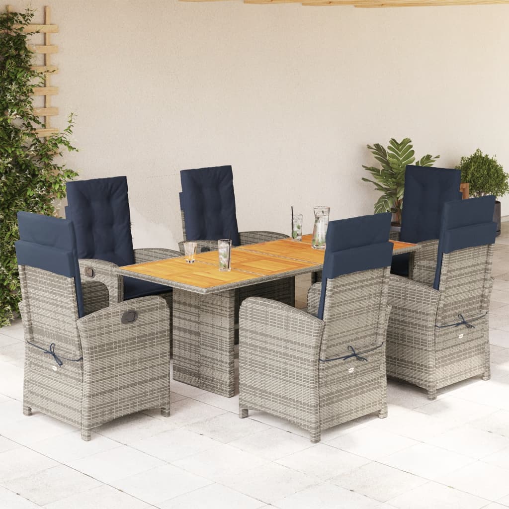 7 pcs conjunto de jantar p/ jardim com almofadões vime PE bege