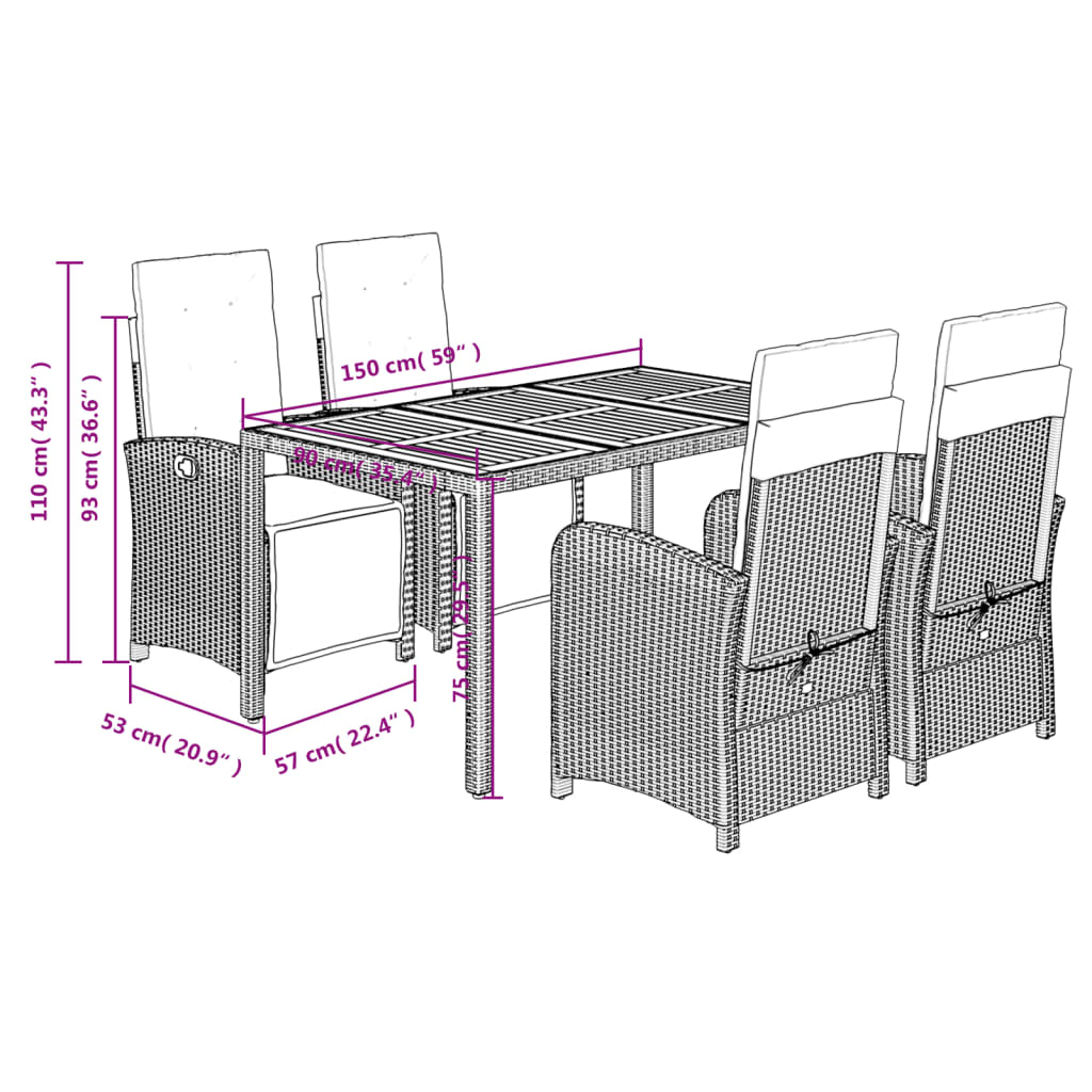 5 pcs conjunto de jantar p/ jardim c/ almofadões vime PE cinza