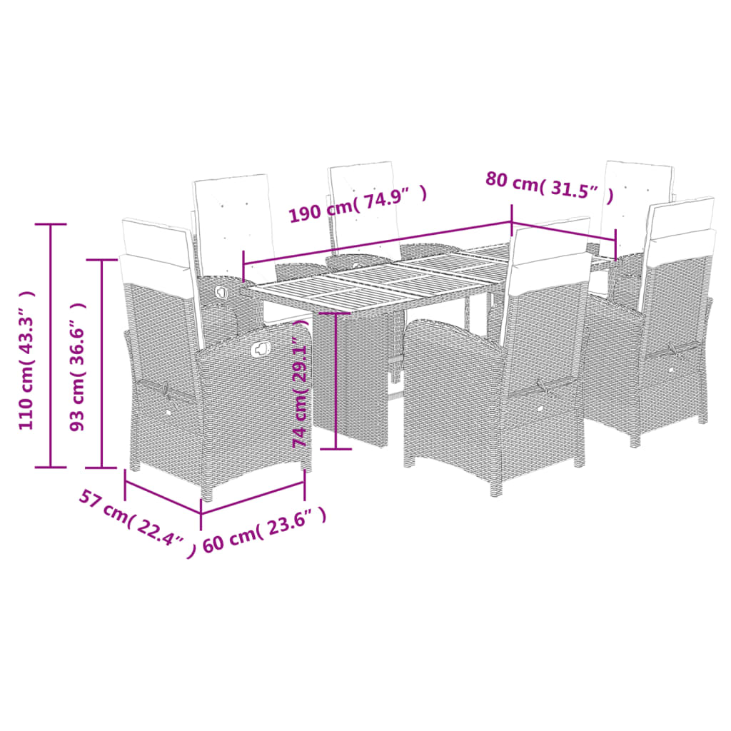 7 pcs conjunto de jantar p/ jardim com almofadões vime PE bege