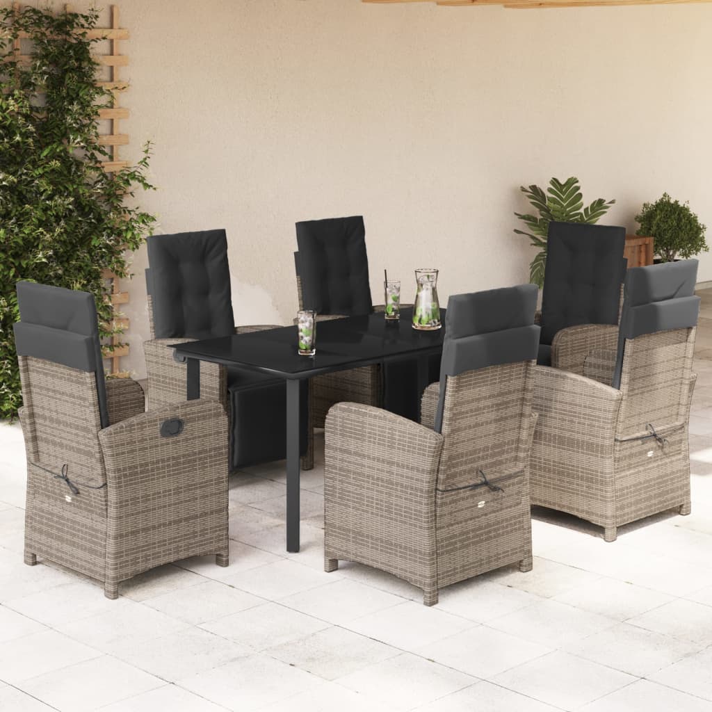 7 pcs conjunto de jantar p/ jardim c/ almofadões vime PE cinza