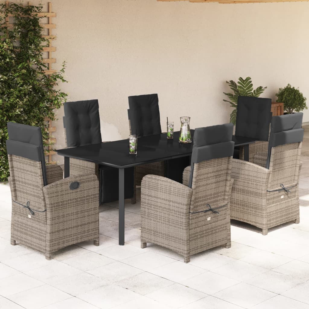 7 pcs conjunto de jantar p/ jardim c/ almofadões vime PE cinza